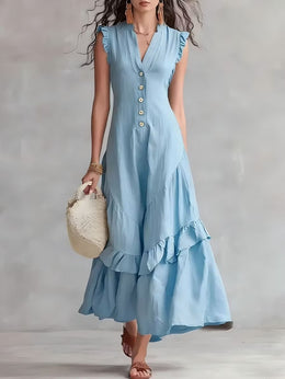 Elegant Ruffle Maxi Cotton Linen Dress | Tracked Shipping