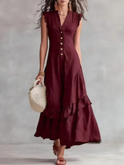 Elegant Ruffle Maxi Cotton Linen Dress | Tracked Shipping