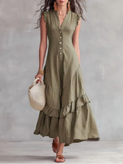 Elegant Ruffle Maxi Cotton Linen Dress | Tracked Shipping