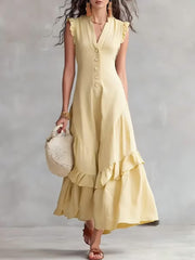 Elegant Ruffle Maxi Cotton Linen Dress | Tracked Shipping