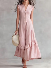 Elegant Ruffle Maxi Cotton Linen Dress | Tracked Shipping