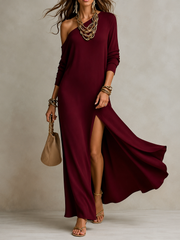 One-Shoulder Slit Maxi Dress | Tracked Shipping