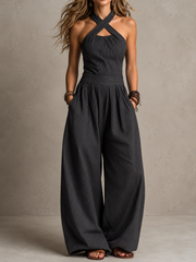 Cross-Neck Halter Wide-Leg Jumpsuit | Tracked Shipping