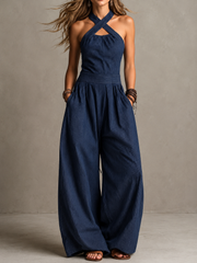 Cross-Neck Halter Wide-Leg Jumpsuit | Tracked Shipping
