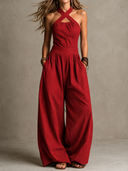 Cross-Neck Halter Wide-Leg Jumpsuit | Tracked Shipping