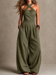 Cross-Neck Halter Wide-Leg Jumpsuit | Tracked Shipping